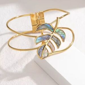 18k Gold Abalone Leaf  Spring Hinge Cuff Abjustable Fit Bracelet | NWOT